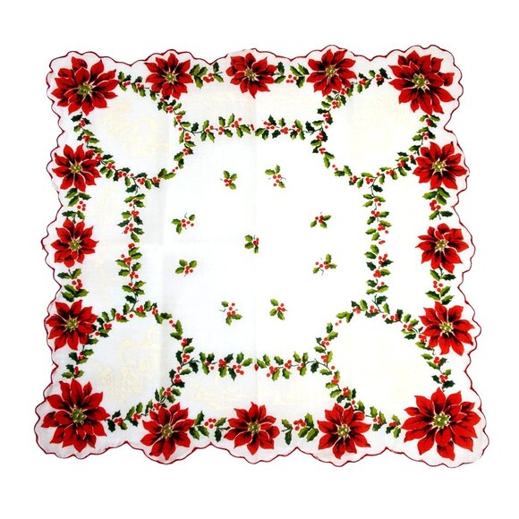 Vintage Christmas Poinsettia & Holly Handkerchief 13"x13" Square Cotton - Picture 2 of 9